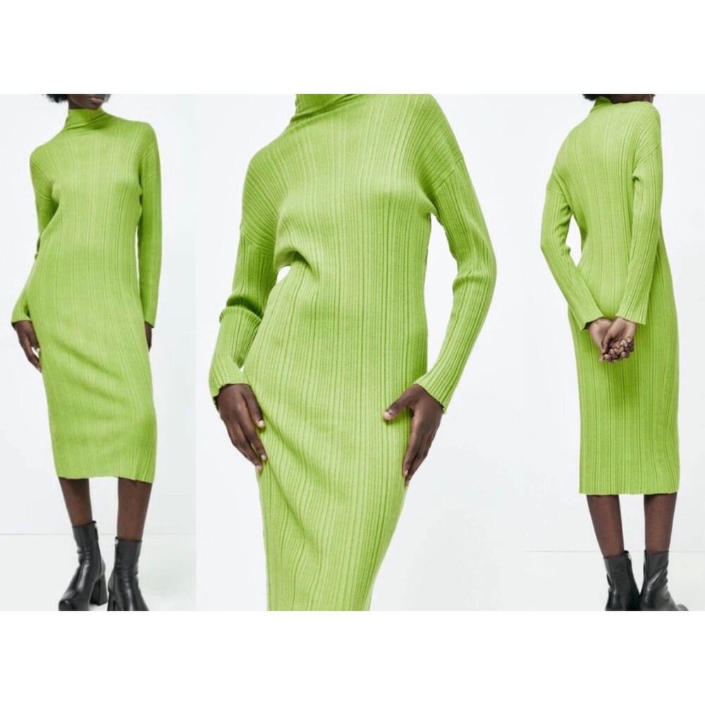Zara high collar knit ribbed midi bodycone dress size S in green dopamine
